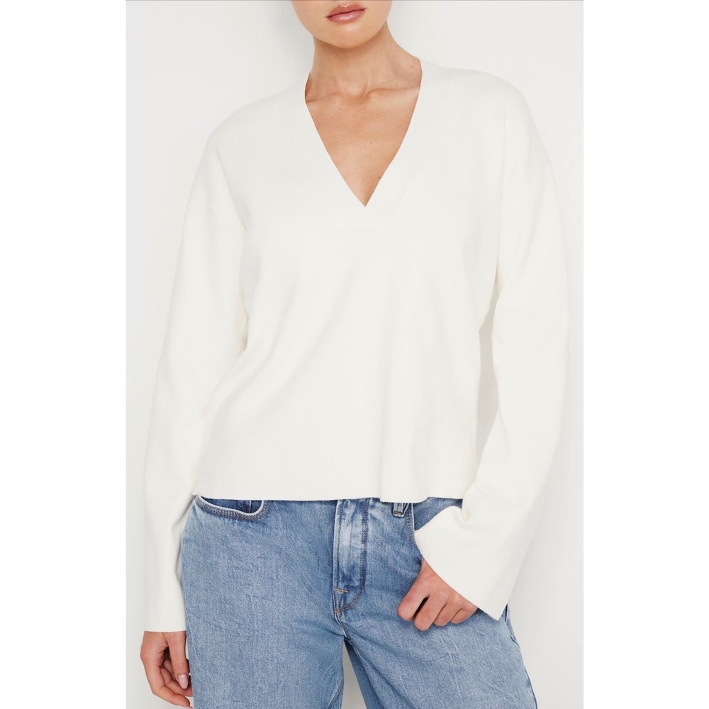 Good American Women's Ivory V-Neck Boxy Cotton Blend Sweater XXS/XS